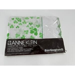 Vintage Anne Klein Twin Flat Sheet Burlington White Green Shamrock
